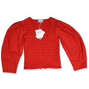 Ganni womens small puffer sleeve red shirt smocked blouse